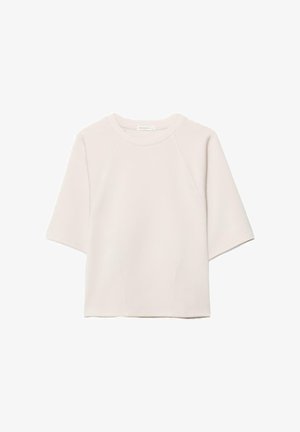 Bela majica s kratkimi rokavi, okroglim izrezom in raglanskimi šivi, prikazana na enobarvnem belem ozadju.