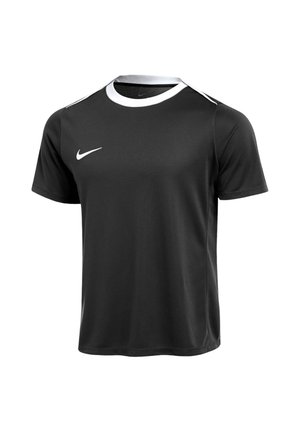 Schwarzes Sport-T-Shirt mit kurzen Ärmeln, weißem Rundhalsausschnitt und kleinem weißen Nike-Swoosh-Logo auf der rechten Brust.