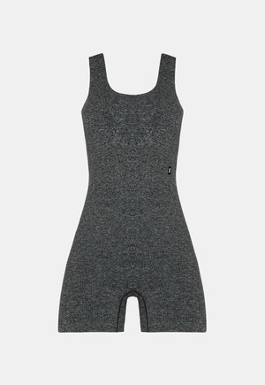 Sportski jednodijelni kombinezon tamnosive boje bez rukava, bez šavova, s širokim naramenicama i kratkim nogavicama, s malom crnom oznakom s logotipom sa strane.