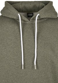 Graugrüner Hoodie mit Kordelzugverschluss, weißen Kordeln und metallenen Spitzen. Weicher Stoff, entspannter Schnitt und Kängurutaschen-Design.