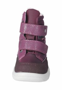 Sneaker alta per bambini di colore viola, con due strap in velcro testurizzati e suola bianca, vista frontalmente.