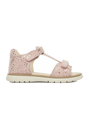 Rosa Kleinkind-Sandale mit glitzerndem Obermaterial, zwei verstellbaren Klettverschlüssen und dicker weißer Gummisohle.