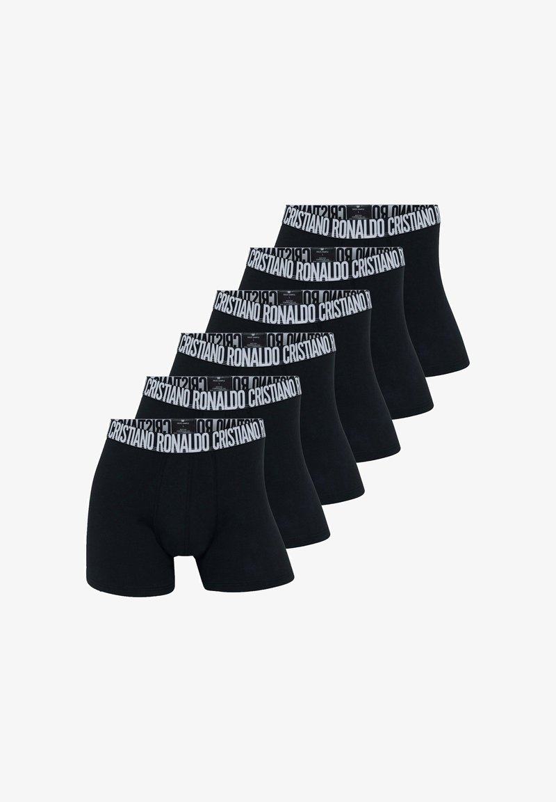 Boxer da uomo neri con elastico bianco caratterizzato da un design testuale ripetuto. Materiale di cotone liscio, forma aderente, cinque paia esposti affiancati.