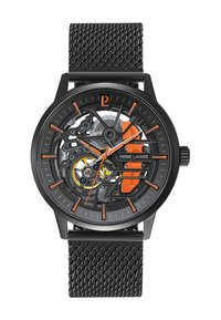 Sort skeleturur med orange accenter, mesh-strop, cirkulær urskive og gennemsigtig urskive, der viser intrikate mekaniske detaljer.