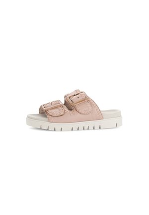 Light pink slide sandals featuring two adjustable buckles, a textured upper with scalloped edges, and a white, ridged sole.