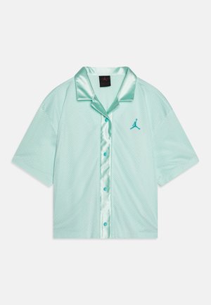 Mint green short-sleeve shirt with a satin collar, mesh fabric, button closure, and a small teal logo on the left chest.