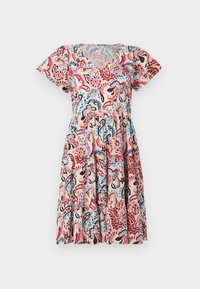 Short-sleeved, V-neck dress with a beige background, featuring a colorful paisley pattern in red, blue, and black, with gathered waist detail.