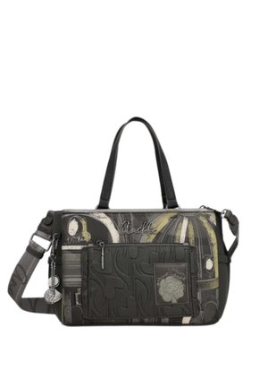 Borsa rettangolare nera e grigia con doppio manico, tasca frontale con zip, motivo decorativo e tracolla staccabile.