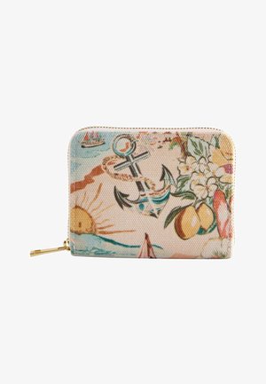 Kompakts maciņš ar rāvējslēdzēju, krāsains jūras dizains ar enkuru, buru laivām, sauli, ziediem un augļiem uz teksturēta auduma.