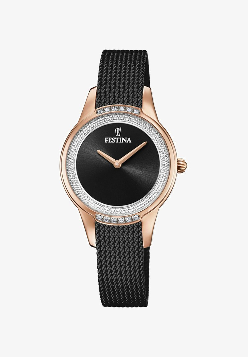 Juodas riešo laikrodis su apvaliu rožių aukso korpusu, juodu ciferblatu ir deimantų primenančiais akcentais. Turi tekstūruotą juodą dirželį.