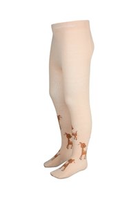 Beige Strumpfhosen mit einem verspielten Muster von braunen Rehen in verschiedenen Positionen, hergestellt aus einem weichen, dehnbaren Material für Komfort.