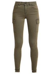 Green cargo pants made of denim with a fitted design. Features side pockets, a button closure, and typical stitching. Smooth texture.