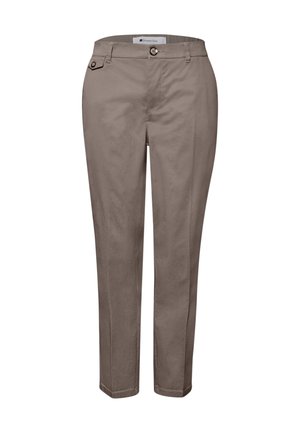 Pantalon droit couleur taupe avec fermeture à bouton et zip, passants de ceinture, et petit détail de poche boutonnée sur le côté droit.
