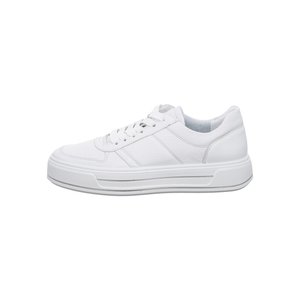 White low-top leather sneaker with lace-up closure and thick rubber sole, designed for casual wear.