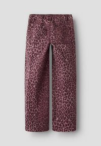 Platās kājas bikses ar bordo leoparda rakstu, ar divām aizmugures kabatām un jostu cilpām.