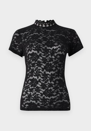 Black lace top with a high ruffled neckline and short sleeves, featuring a floral pattern and sheer texture throughout.