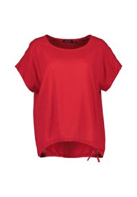 Top rosso a maniche corte con scollo rotondo, realizzato in tessuto leggero. Presenta un dettaglio con lacci all'orlo inferiore e una vestibilità comoda.