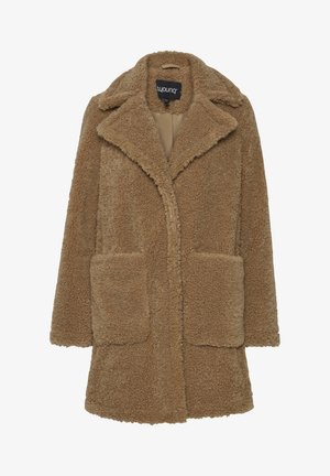 Brūns, pūkains ādas mētelis ar ar izgrieztu apkakli, divām priekšējām kabatām un pogu aizdari. Mīksta tekstūra un ceļa garuma dizains.