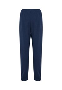 Marineblauwe joggingbroek met een elastische tailleband en manchetten, gemaakt van zachte, rekbare stof, met een eenvoudig ontwerp zonder patronen of accenten.