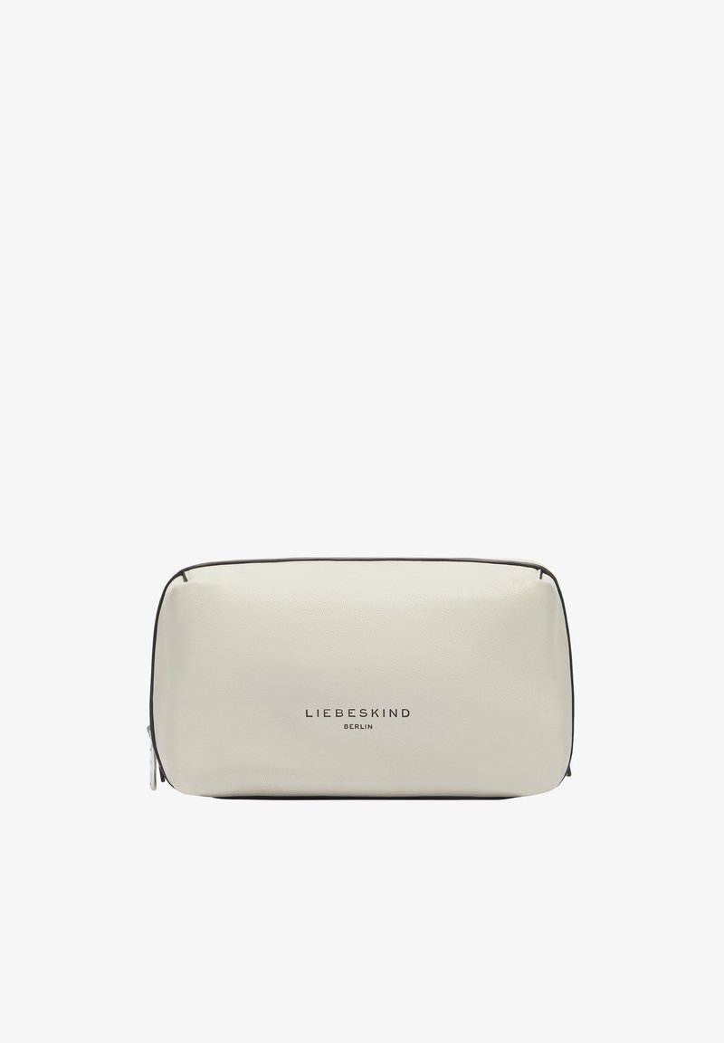 Pochette cosmétique de couleur crème en matériau synthétique lisse. Dotée d'une fermeture éclair et d'un logo imprimé sur le devant, souligné en noir.