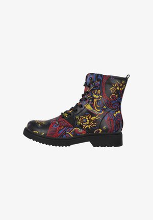 Black leather ankle boots featuring a colorful floral and geometric pattern in red, yellow, and blue. Utilizes a black rubber sole and lace-up design.
