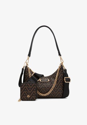 Brown patterned handbag made of synthetic material, featuring a gold chain and emblem, with a detachable matching pouch for accessories.