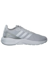 Light gray athletic shoes with a breathable mesh upper, white three-stripe design, padded collar, and a textured rubber sole.