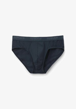 Caleçons pour hommes bleu marine avec une texture douce et lisse. Dotés d'une ceinture élastique grise avec le logo "IUMAN", et un devant contourné pour le soutien.