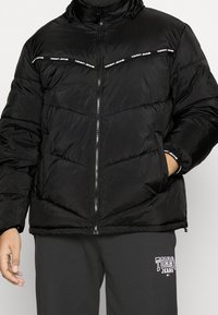 Černá péřová bunda s vysokým límcem, zapínáním na zip a vodorovným prošitím. Na hrudi má bílé nápisy "TOMMY JEANS".