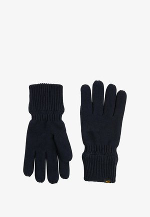 Knitted gloves in dark navy, featuring ribbed cuffs and five-finger design. Smooth texture with subtle stretch for fit and comfort.