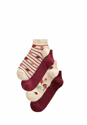 Set aus vier Knöchelsocken, zwei cremefarben mit Marienkäfer- und Blattmustern, zwei einfarbig bordeaux, eine mit dünnen bordeauxroten Streifen.