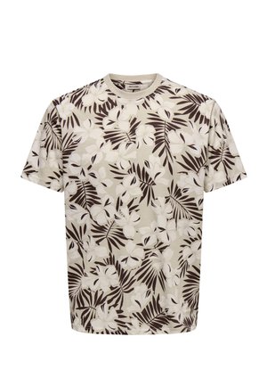 Short-sleeve beige T-shirt with a white and dark brown tropical floral and leaf pattern.