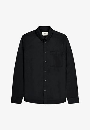 Black long-sleeve shirt made of smooth fabric, featuring a button-down collar, front pocket, and subtle sheen. Classic design with a tailored fit.