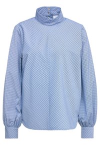Blouse bleu clair avec un motif en losange, col montant et fermeture boutonnée. Comprend des manches longues bouffantes avec des poignets ajustés et une texture lisse.