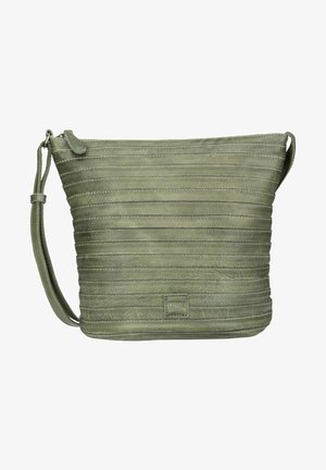Green leather shoulder bag with horizontal stitched strips, a top zipper, and an adjustable strap on a white background.