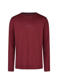 Langärmliges Oberteil aus tief bordeauxroter Baumwolle mit Rundhalsausschnitt und dezentem Navy-Schriftzug auf der Brust. Weiche Textur mit lockerem Sitz.