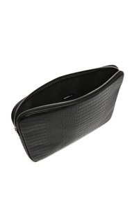 Black crocodile-embossed leather laptop sleeve with a smooth texture, zip closure, and unlined interior. Features a subtle brand label inside.