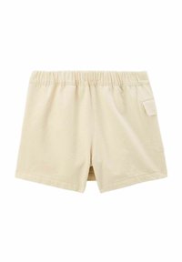 Shorts en coton beige avec une taille élastique, dotés d'une poche arrière et d'une coupe droite, adaptés pour un usage décontracté.