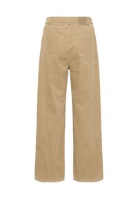 Bež široke hlače iz kordurove tkanine z teksturirano površino, z elastiko v pasu, petimi žepi in logotipnim oznakom na zadnji strani.