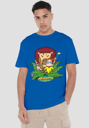 Blue cotton t-shirt featuring cartoon characters from "The Wild Thornberrys," including a lion, monkey, and child, with foliage and logo detail.