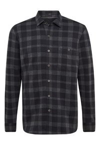 Heren overhemd in zwart en grijs vlak, lange mouwen, knoopsluiting aan de voorkant, enkel borstzakje, zachte stof met een gestructureerde afwerking.