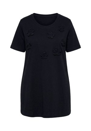 Sort T-shirt med korte ærmer og rund hals med seks teksturerede blomsterapplikationer på forsidens øverste område.
