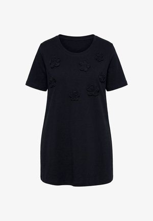 Schwarzes T-Shirt mit kurzen Ärmeln und Rundhalsausschnitt, vorne im oberen Bereich mit sechs strukturierten Blumenapplikationen.