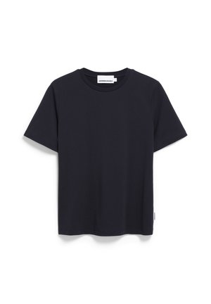 Navy blue short-sleeve t-shirt made from soft cotton. Features a crew neckline and a straight cut with a small brand tag on the side.
