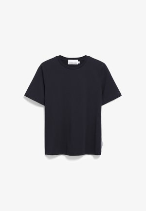 Marineblaues T-Shirt mit kurzen Ärmeln, aus weicher Baumwolle gefertigt. Es hat einen Rundhalsausschnitt und einen geraden Schnitt mit einem kleinen Markenetikett an der Seite.