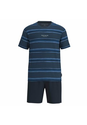 T-shirt blu navy a maniche corte con righe orizzontali azzurro chiaro e pantaloncini blu navy tinta unita coordinati, set in tessuto di cotone.