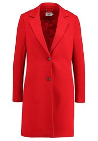 Rød uldblandet frakke med hakket krave, enkeltknappet lukning, to sidelommer og lange ærmer. Glat tekstur med minimal detaljering.