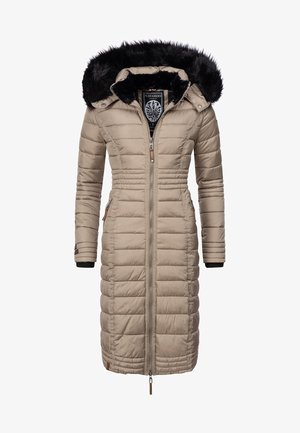 Beige puffer coat with a long design, padded texture, fur-lined hood, front zipper, and side pockets with brown accents.