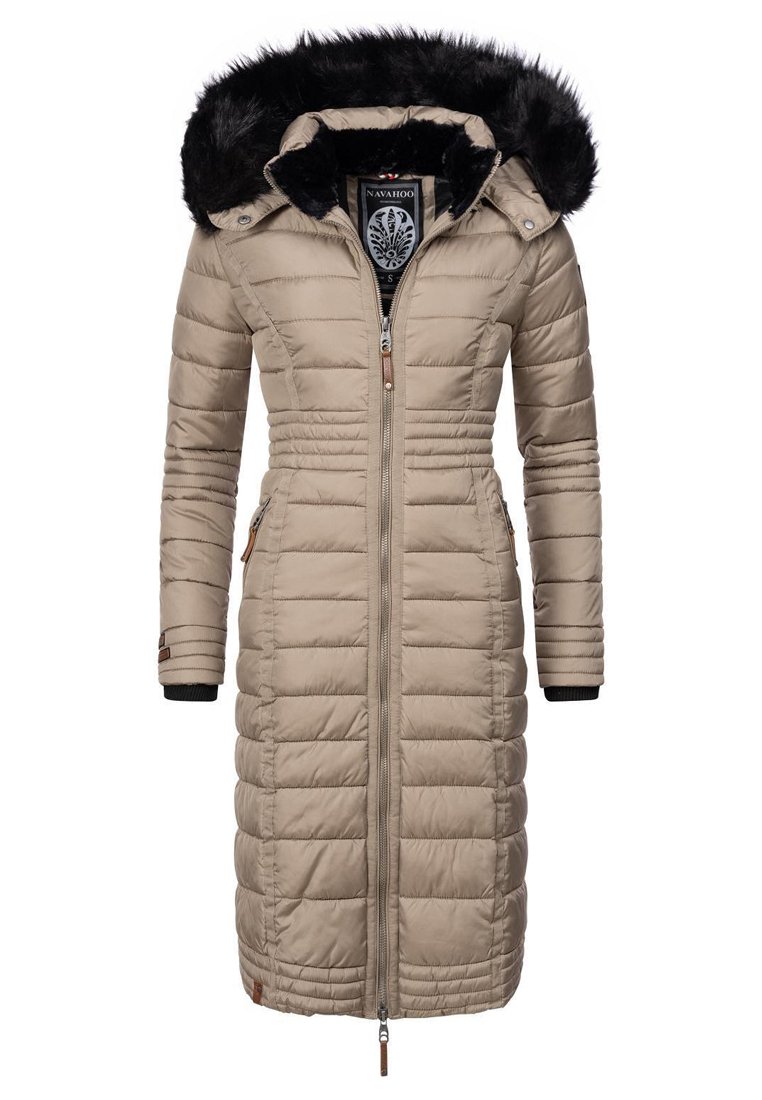 Beige puffer coat with a long design, padded texture, fur-lined hood, front zipper, and side pockets with brown accents.