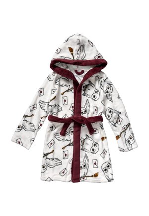 White hooded robe with maroon trim and belt, decorated with flying owls, envelopes with red seals, and broomsticks pattern.